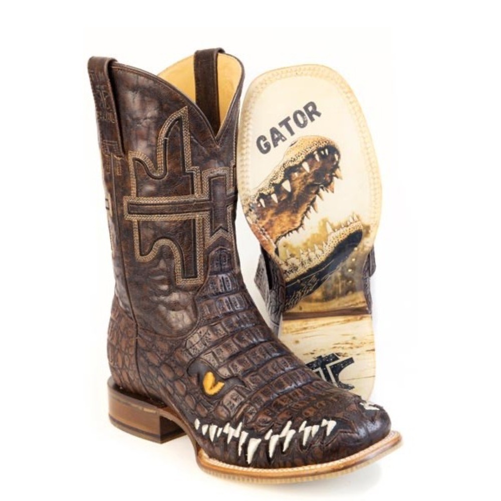 NEW Tin Haul Mens Al OGator Caiman Embossed Western Boots Brown 10.5 EE